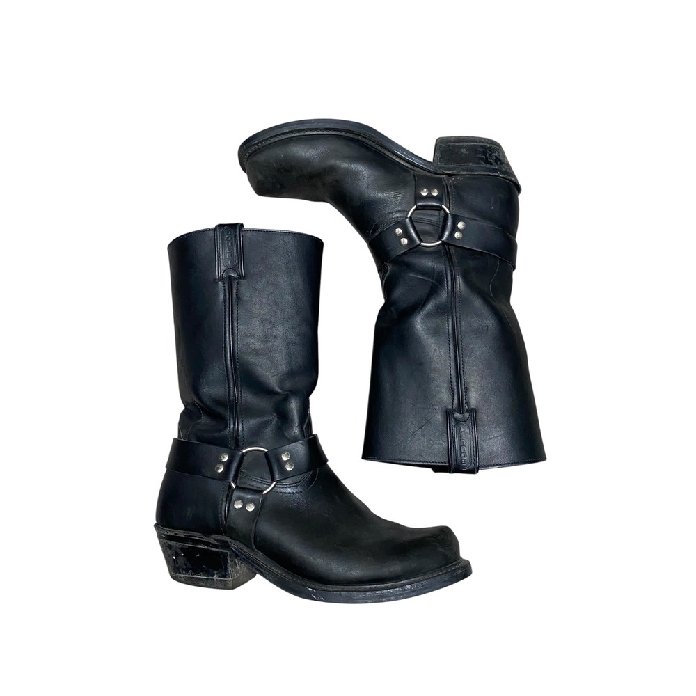 Vintage Black Leather Harness Biker Boots Mens 8